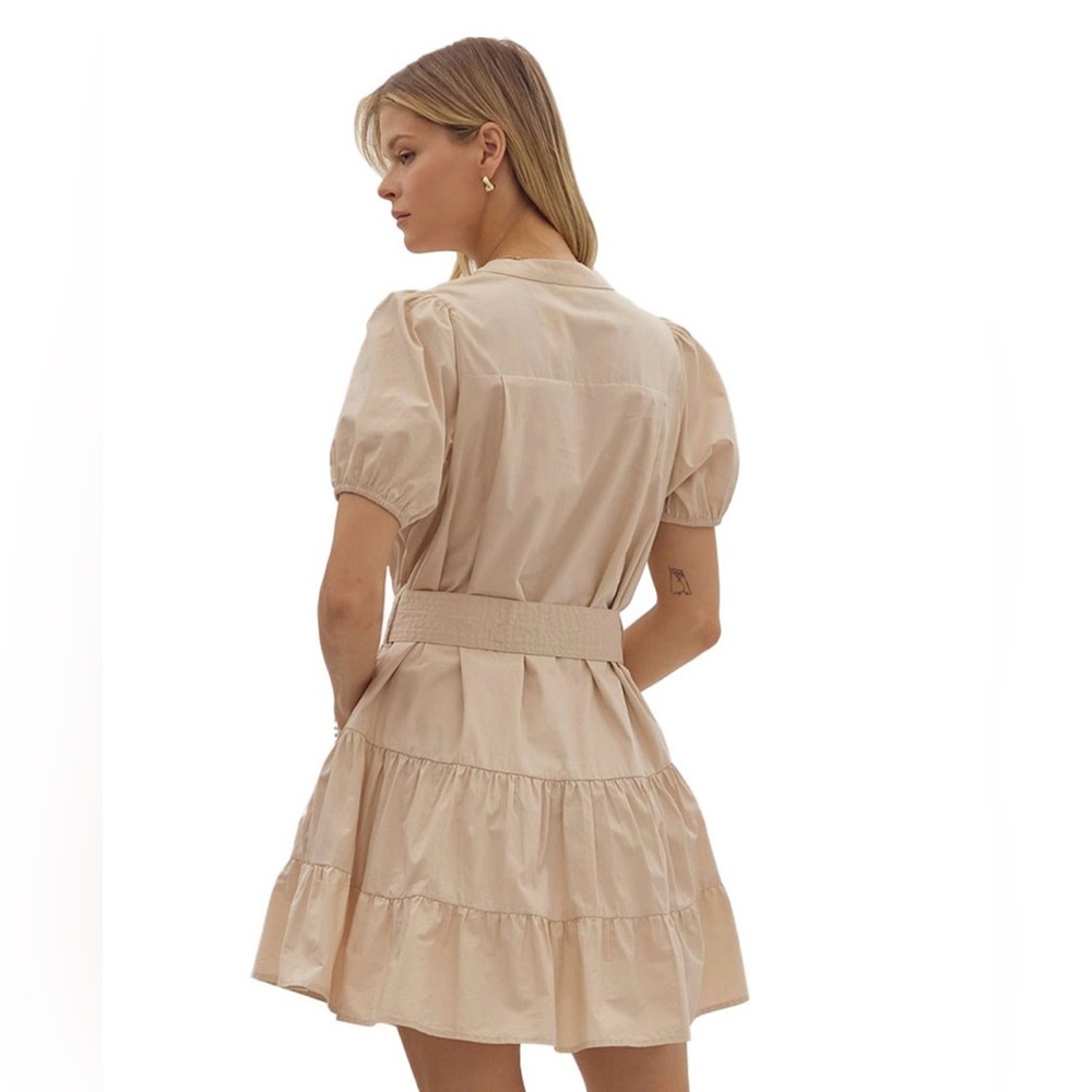 Karina Grimaldi Beige Puff Sleeve Mini Dress